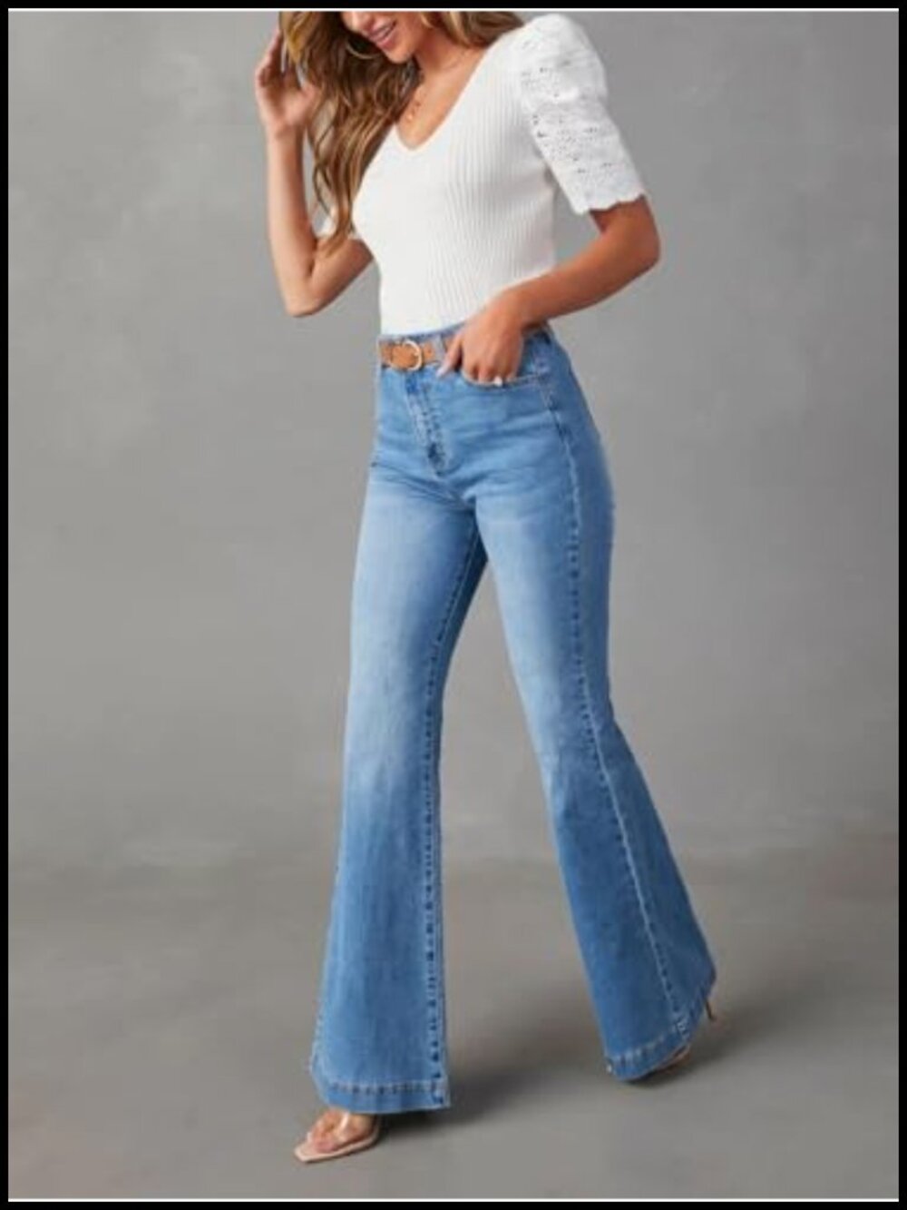 High Waisted Flare Bell Bottom Jeans Wide Leg Stretch Denim Pants - Picture 5 of 6